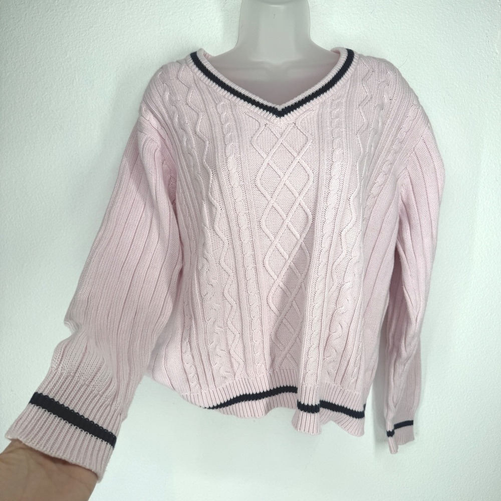 Vintage Womens Varsity Stripe Cable Knit Sweater Size L Pink Ivy League Twee